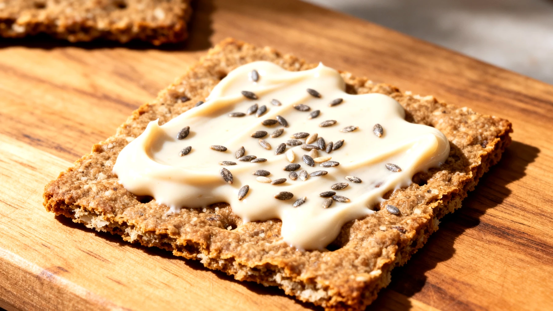 Cracker di segale integrale con crema di mandorle bianche e semi di chia"