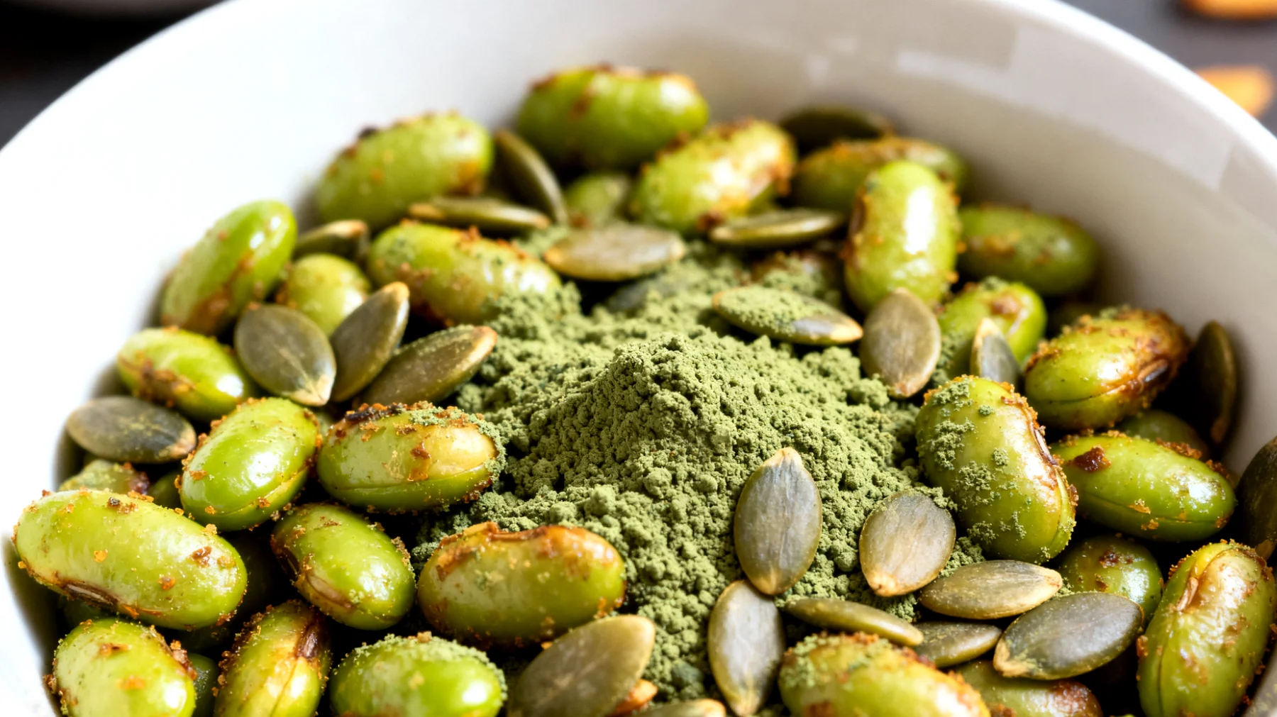 Edamame tostati con semi di zucca e spirulina"