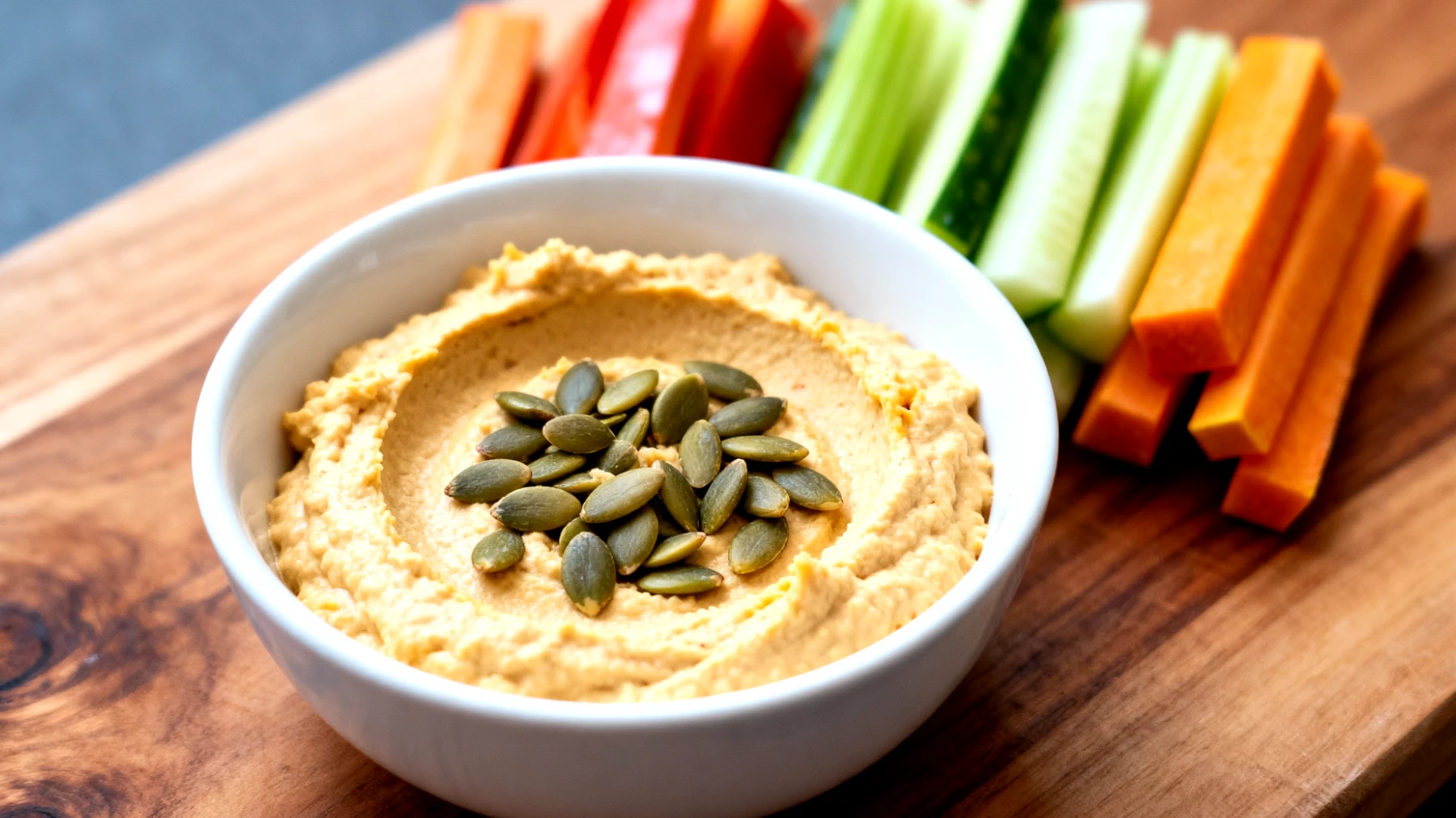 Hummus di ceci con bastoncini di verdure crude e semi di zucca"