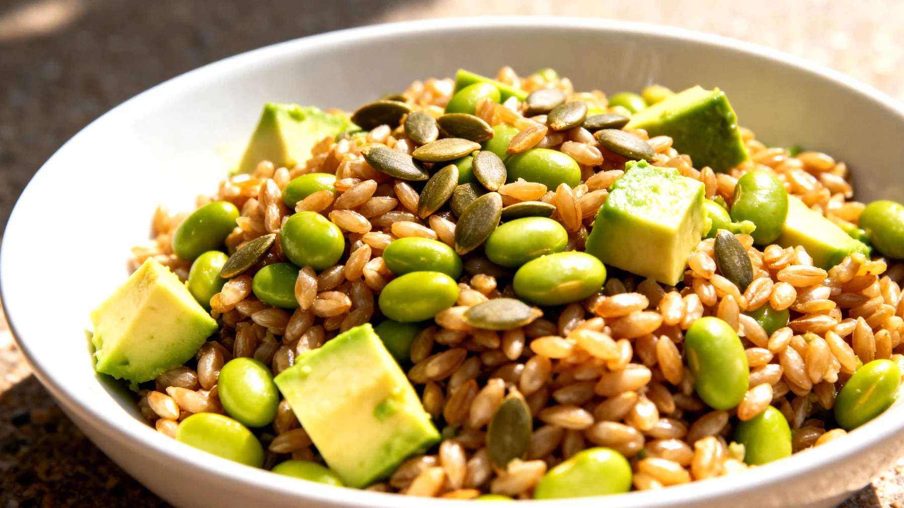 Insalata di farro con edamame, avocado e semi di zucca"