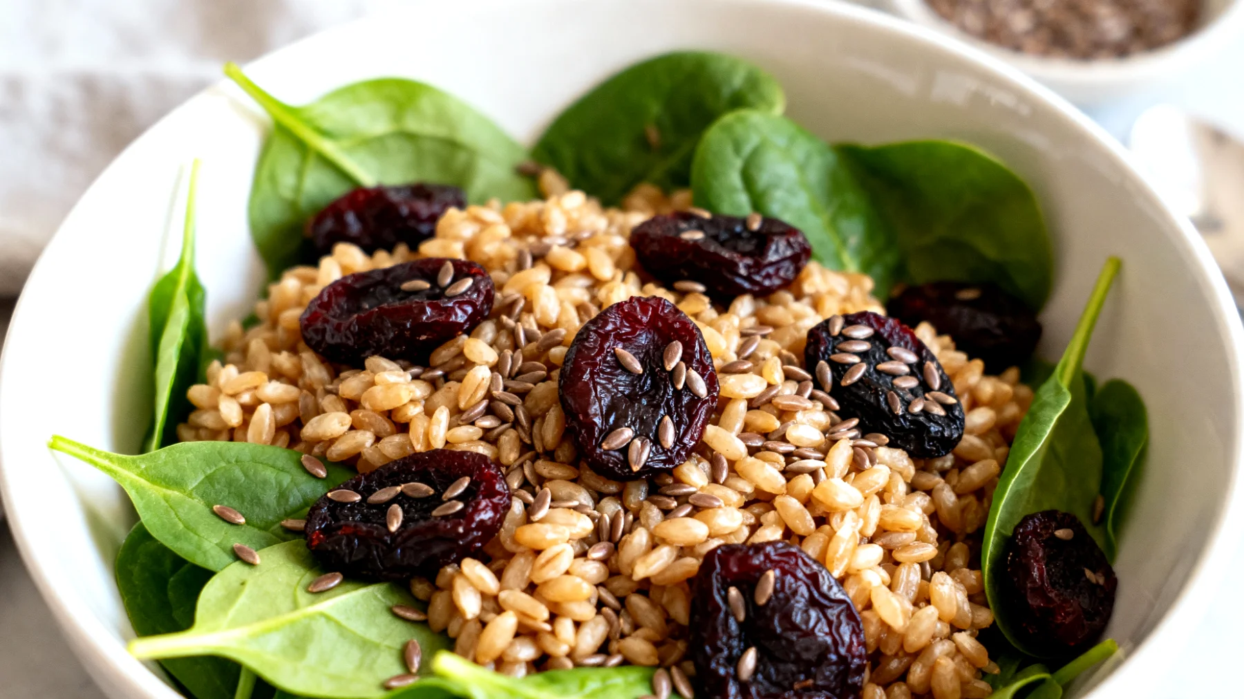 Insalata di farro con prugne secche, semi di lino e spinaci crudi"