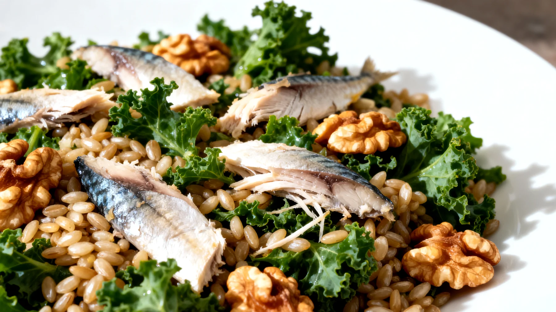 Insalata di farro con sgombro, noci e cavolo riccio"