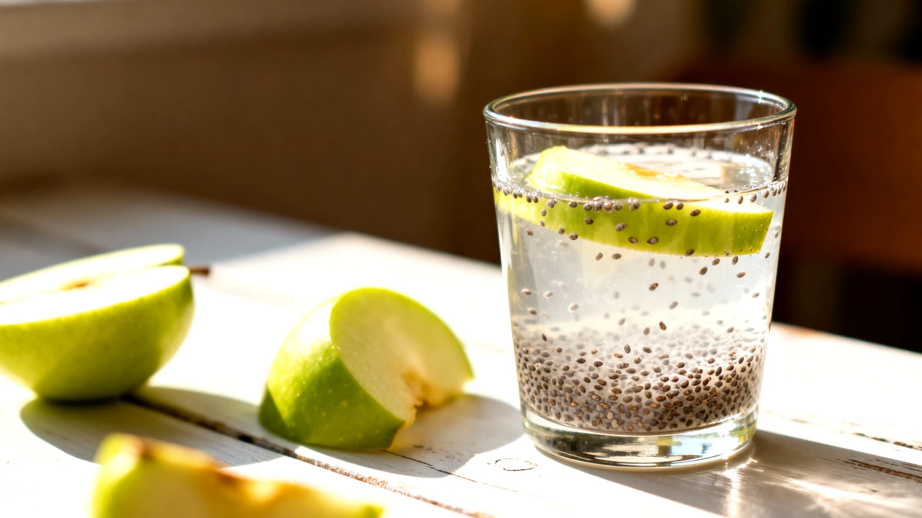 Kefir d'acqua con semi di chia e mela verde"