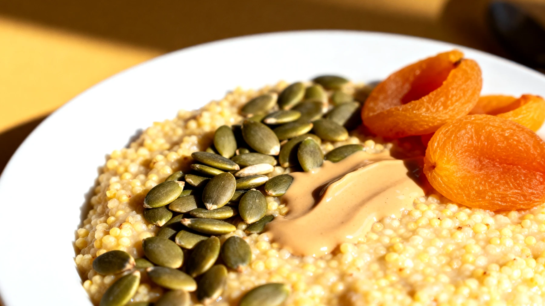 Porridge di miglio con semi di zucca, tahini e albicocche secche"