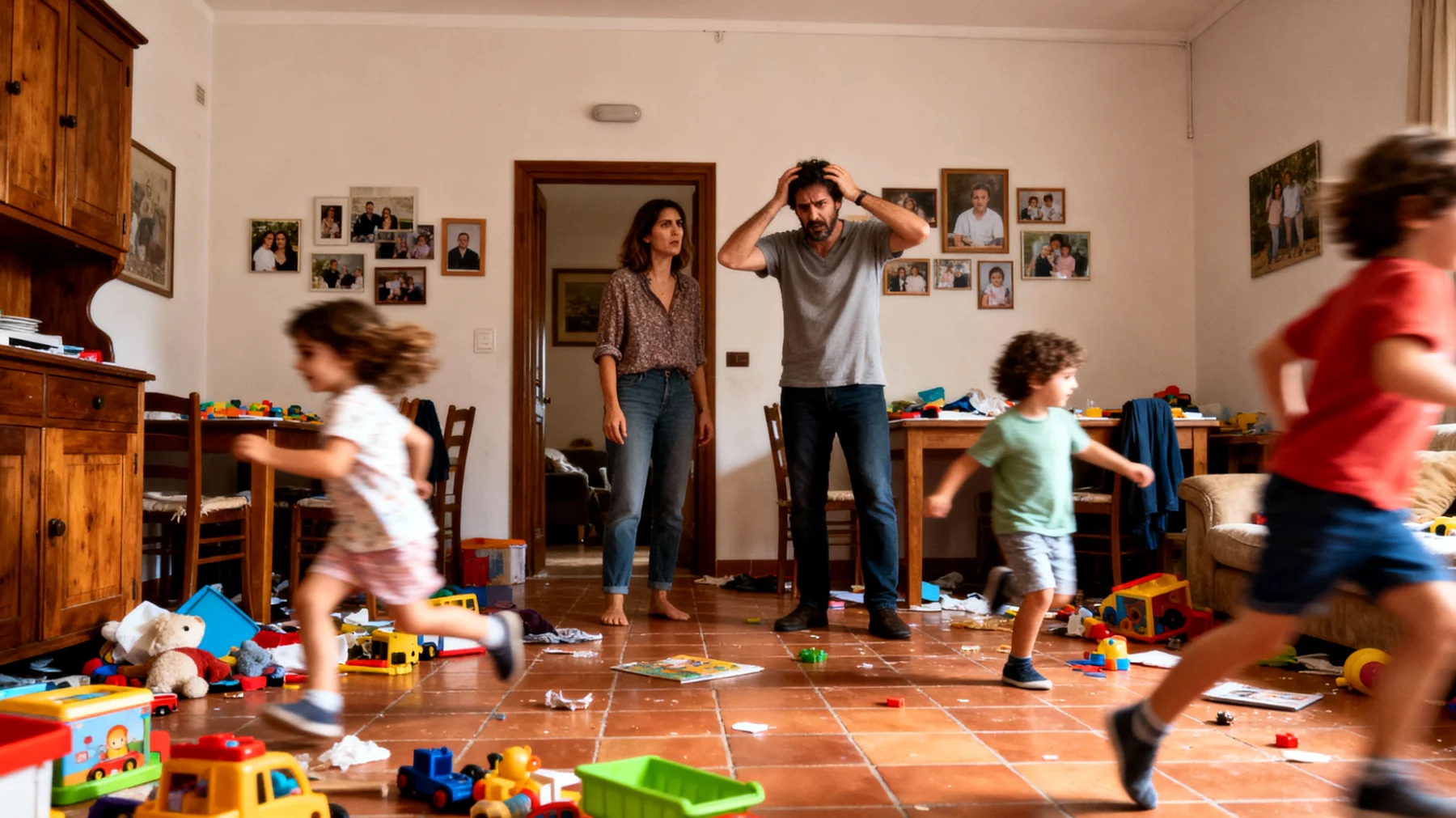 Genitori che faticano a stabilire regole e confini con i propri bambini piccoli per paura di frustrare o deludere i figli, creando situazioni di caos domestico e difficoltà nell'educare al rispetto dei limiti"
