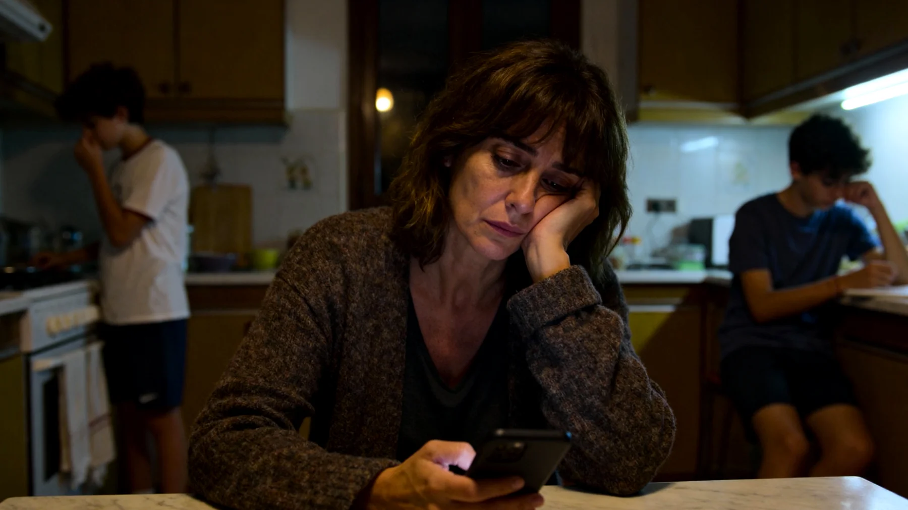 Una mamma che fatica a trovare tempo ed energie per mantenere un dialogo profondo e significativo con i propri figli giovani adulti a causa degli impegni lavorativi, domestici e personali, rischiando di perdere il contatto emotivo in una fase delicata in cui i figli stanno costruendo la propria autonomia"