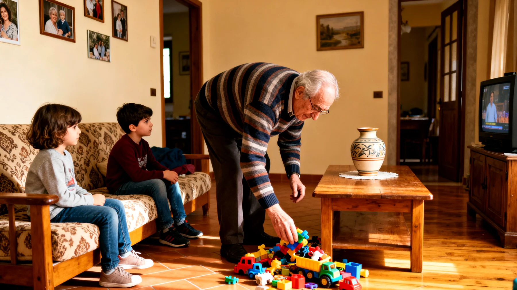 Il nonno fatica a coinvolgere i nipoti bambini nelle attività quotidiane come riordinare i giochi, preparare la tavola o aiutare in piccole faccende, trovandosi spesso a fare tutto da solo mentre i bambini preferiscono giocare o guardare i cartoni animati"
