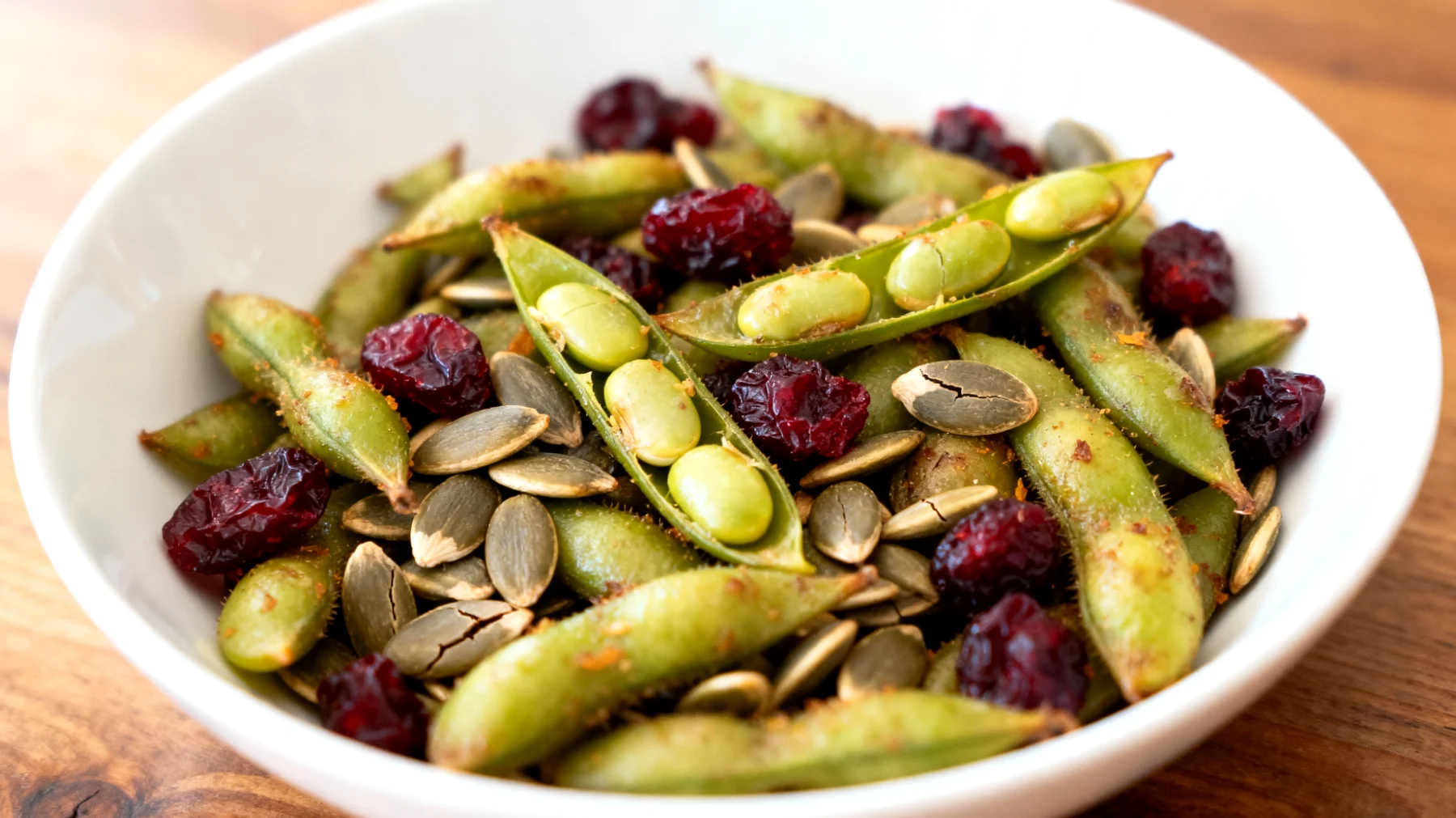 Edamame tostati con semi di zucca e mirtilli rossi disidratati"