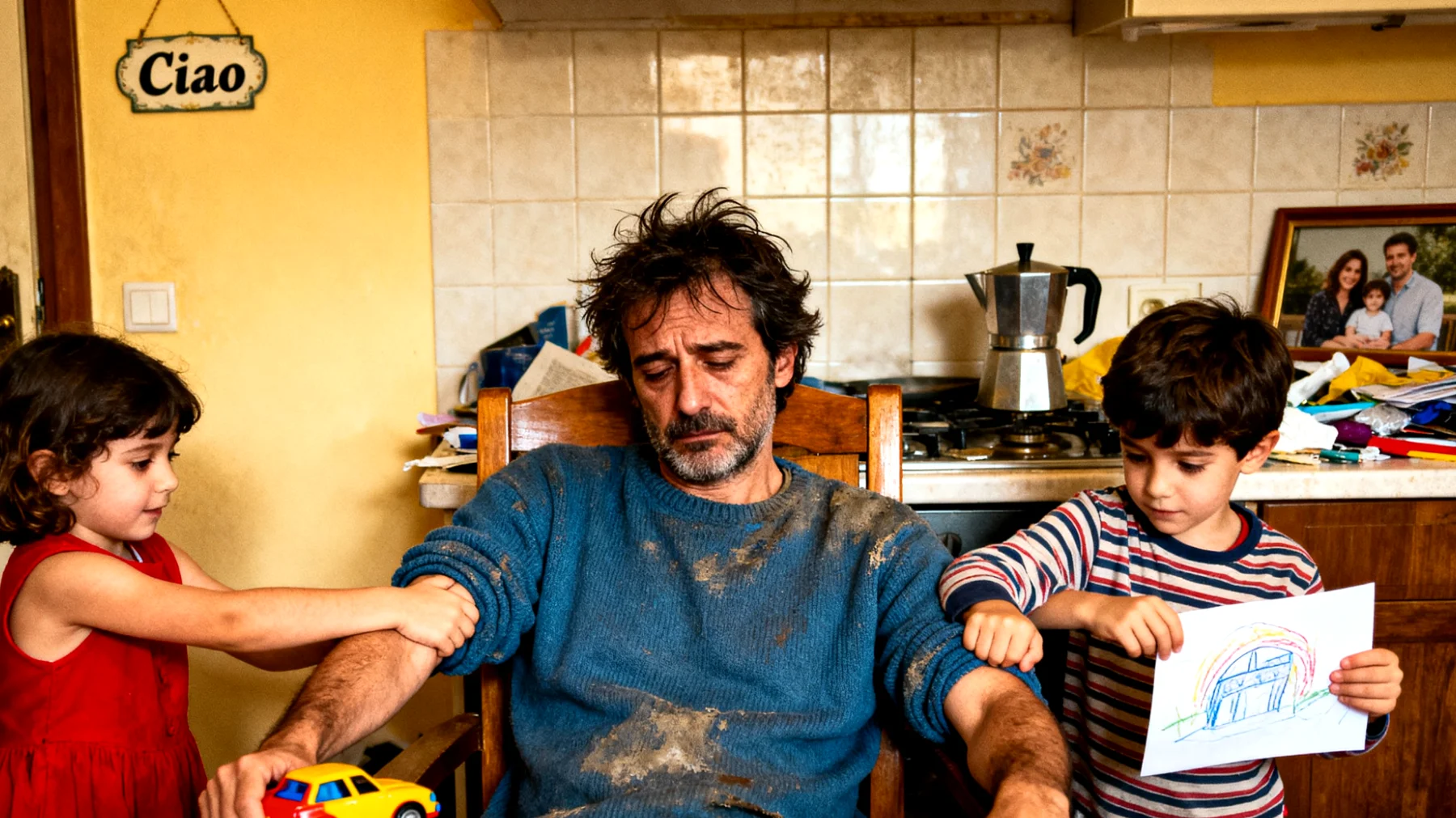 Papà che ha difficoltà a stabilire limiti e a dire 'no' ai propri bambini, cedendo frequentemente alle loro richieste per evitare capricci, pianti o per compensare il senso di colpa legato al poco tempo trascorso insieme"